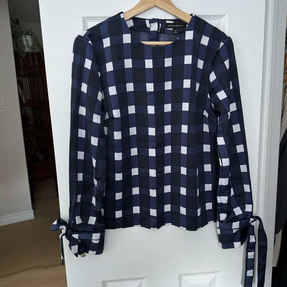 Banana Republic blouse - size small, plaid print, navy blue and white - Picture 1 of 4
